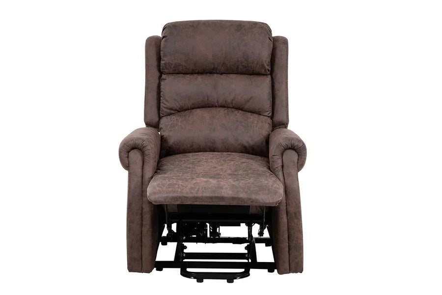 Brown recliner armchair with padded backrest and footrest, front view