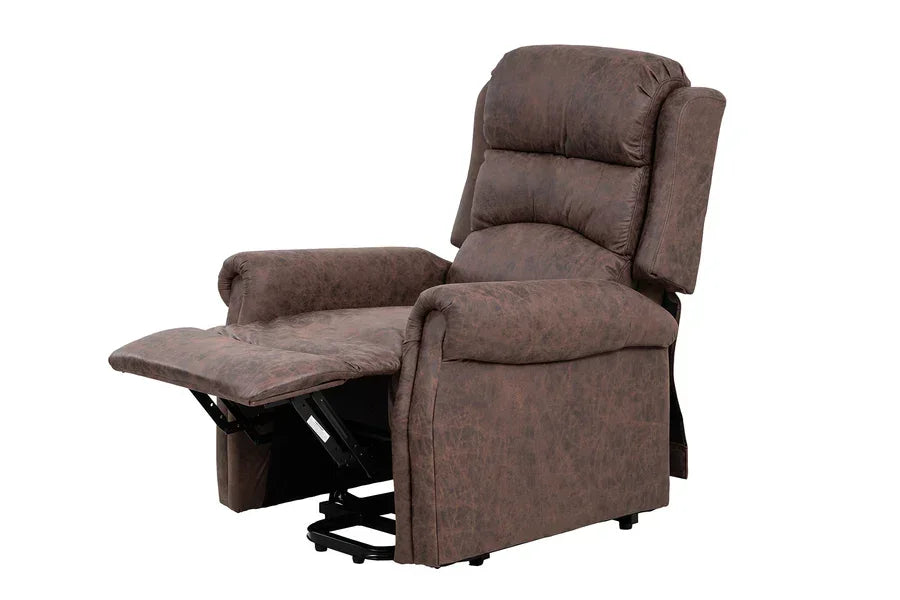 Brown fabric recliner chair with padded arms and extended footrest, side view