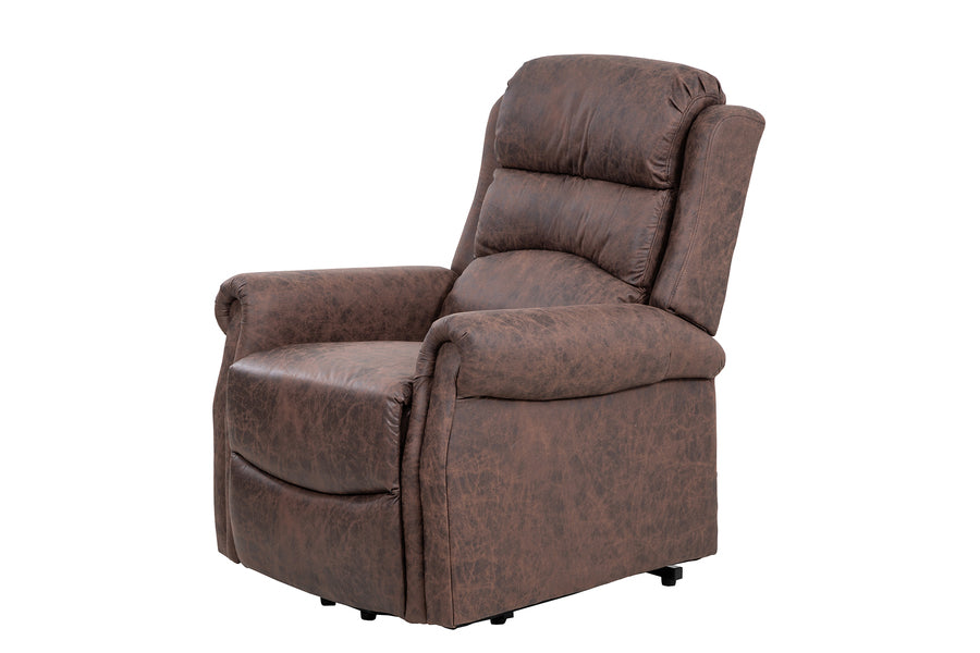 Brown leather recliner chair with padded armrests and cushioned backrest on white background
