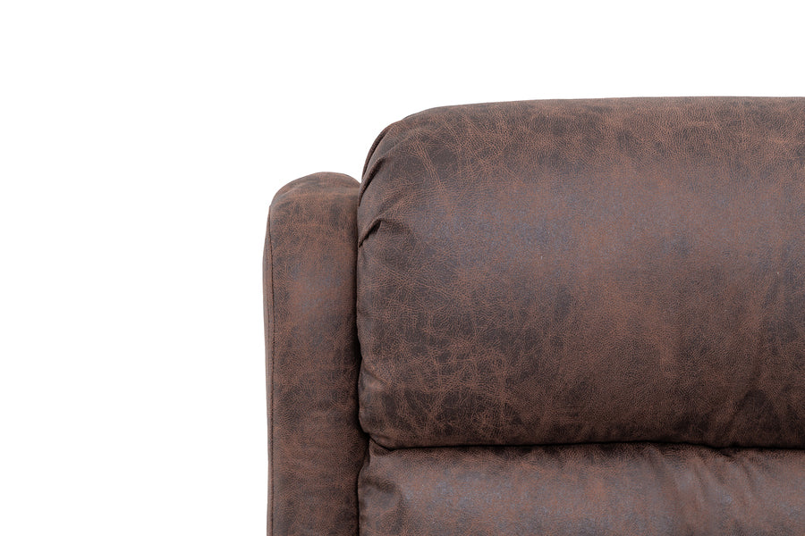 Close-up brown leather sofa armrest and cushioned backrest upholstery texture