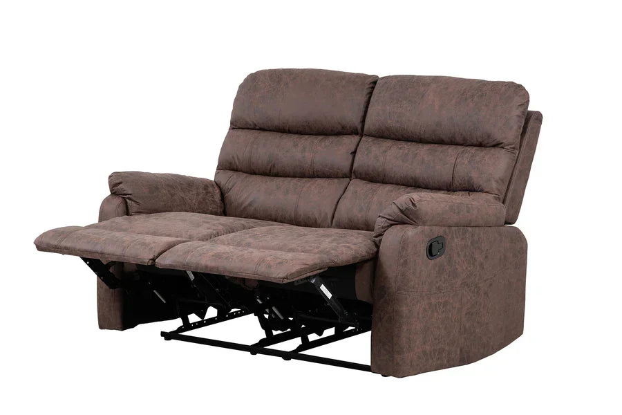 Brown fabric reclining sofa with two extended footrests and padded armrests