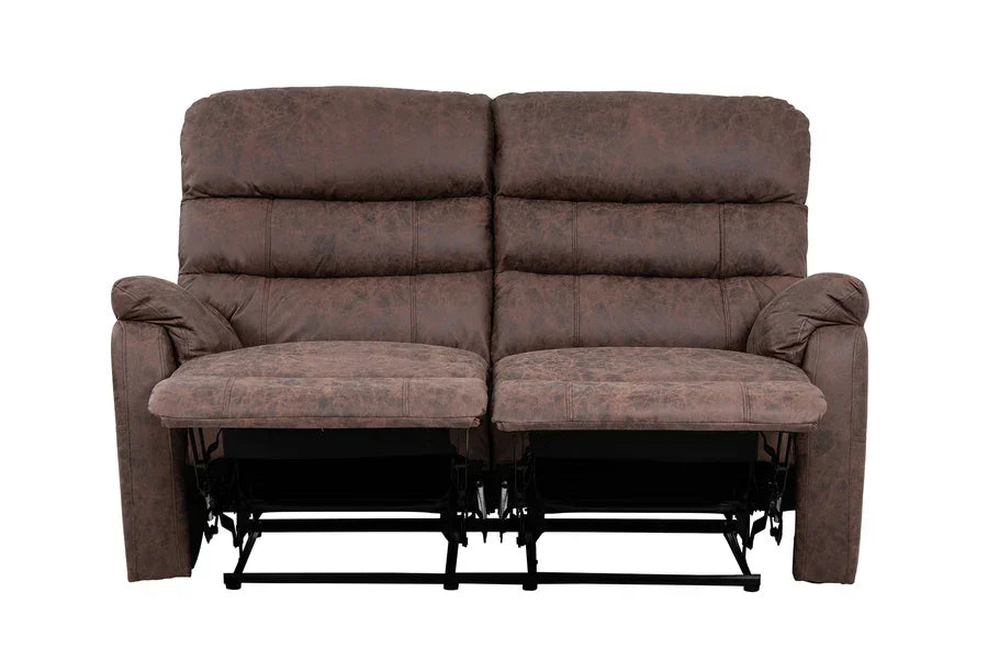 Brown fabric recliner sofa with footrests extended, front view