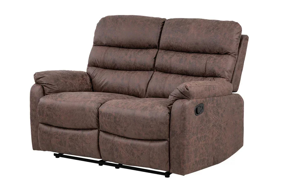 Brown fabric recliner sofa with padded backrest and armrests, side lever visible