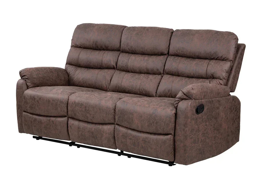 Brown fabric recliner sofa with three wide seats and padded armrests, front angle view