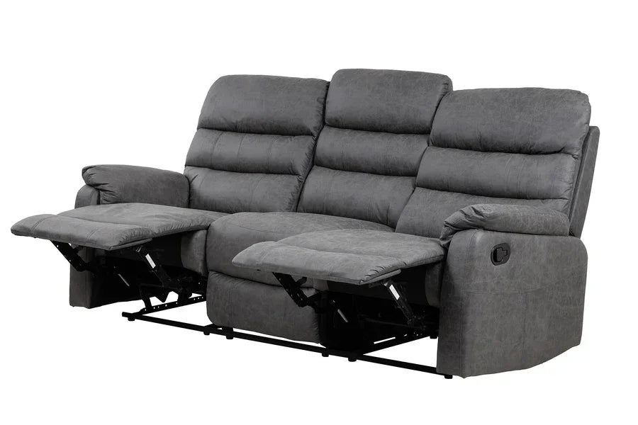 Grey recliner sofa with padded seats, extended footrests, and manual reclining mechanism