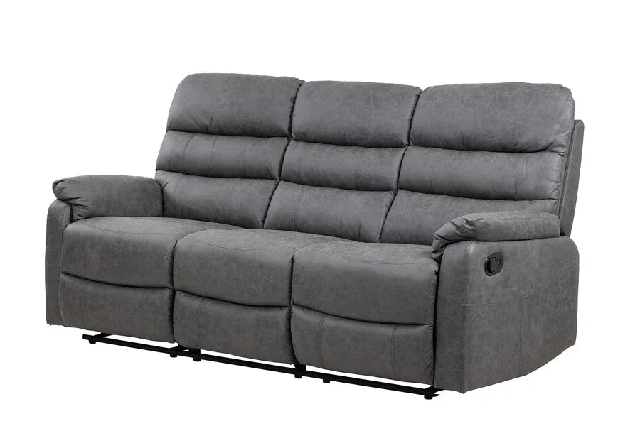 Grey fabric reclining sofa with padded armrests and high backrest, angled side view