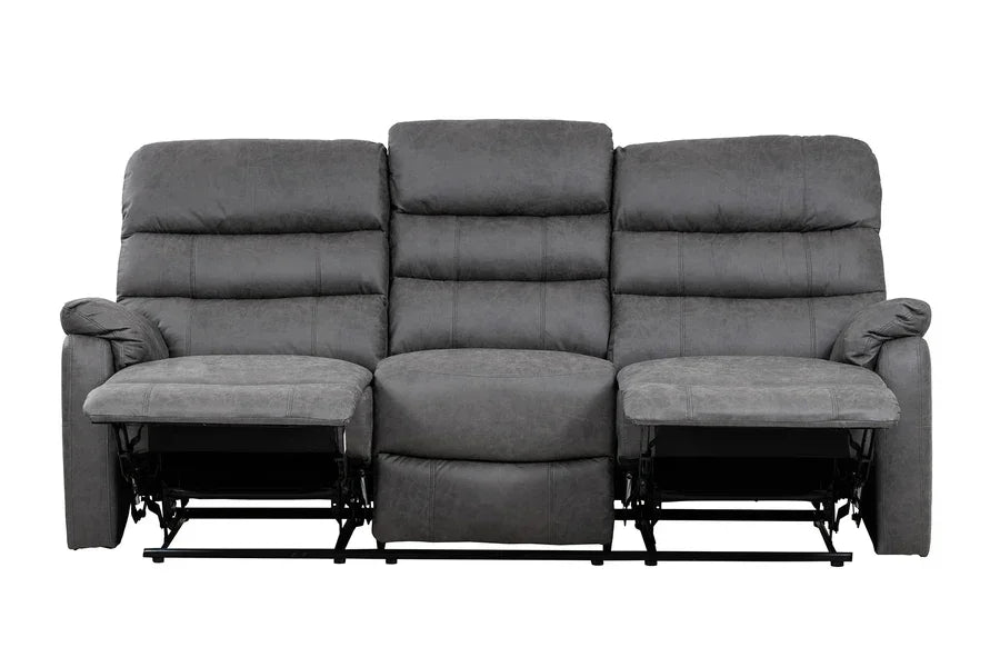 Grey fabric recliner sofa with padded seats and extended footrests, front view