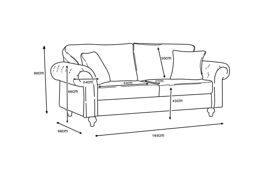 Sofa with dimensions labeled, including width 195cm, height 90cm, and seat depth 57cm