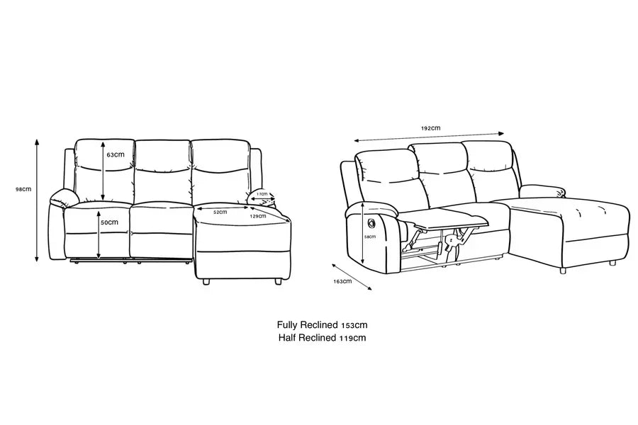 Recliner sofa measurements diagram showing dimensions and reclining chaise layout