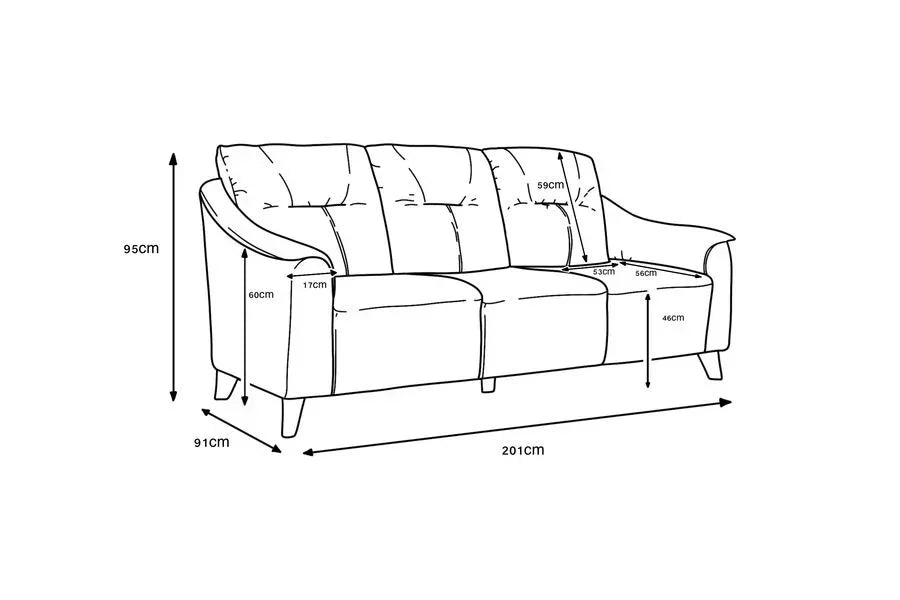 Sofa dimensions guide showing seat height, depth, width, and overall sofa measurements