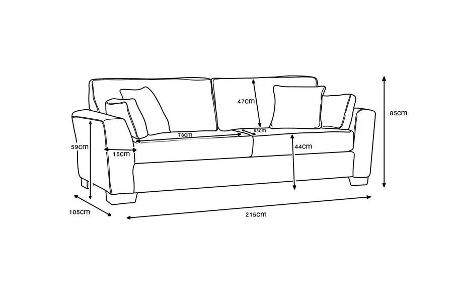Sofa dimensions diagram showing width 215cm, seat depth 63cm, and height 85cm