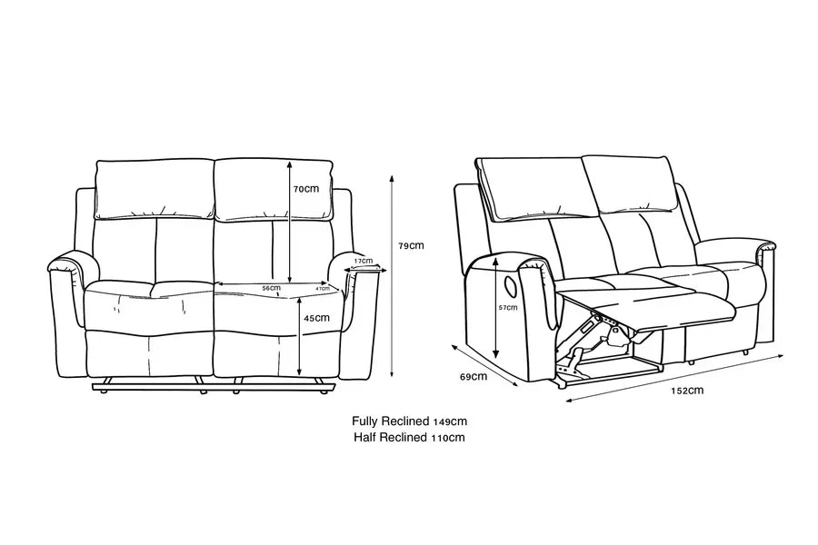 Bergamo Leather 2 Seater Recliner Sofa-Dark Grey