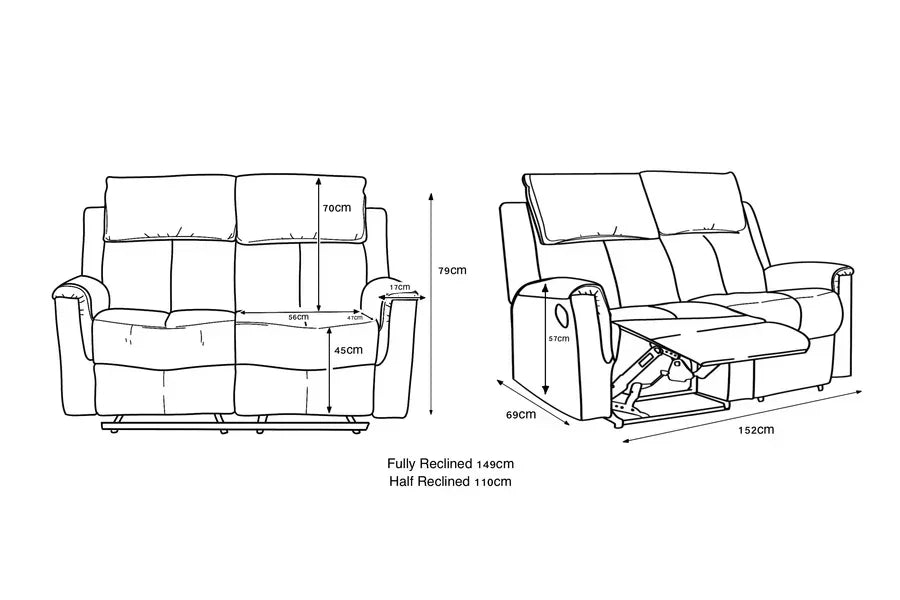 Two seater recliner sofa dimensions diagram with seat height, width and recline measurements