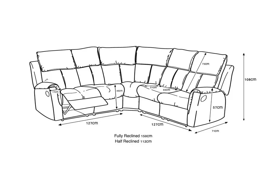 Recliner corner sofa line drawing with detailed measurements of seats, backrests, and reclined depth