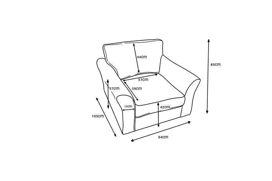 Armchair dimensions diagram with seat and backrest measurements labeled in centimeters