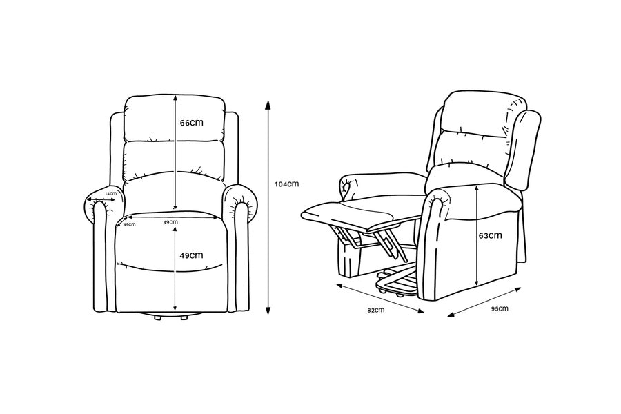 Recliner chair line drawing with detailed measurements for width, height and seat depth
