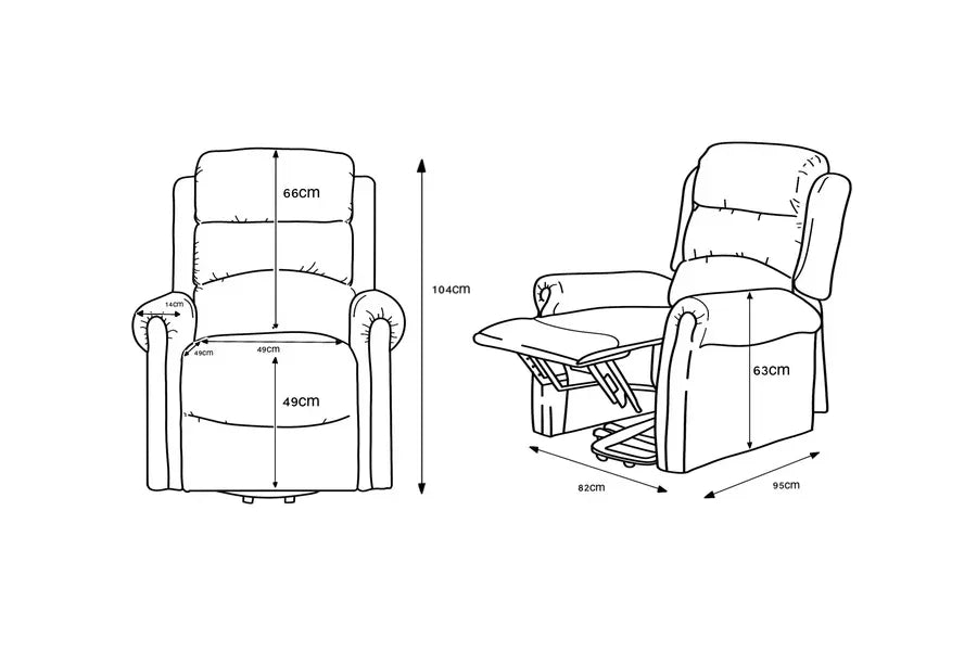 Manual recliner armchair with dimensions shown, front and side view