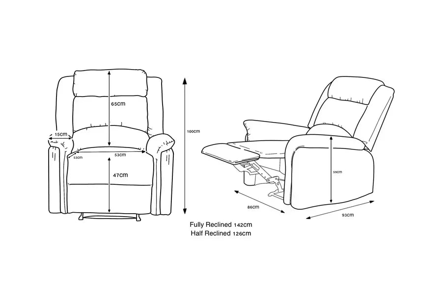 Recliner chair dimensions diagram showing measurements for seat, backrest, and reclined position