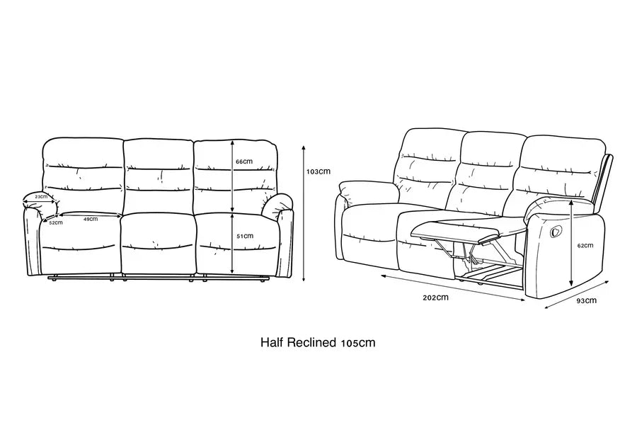 Three seater recliner sofa with dimensions, front view and side half-reclined angle