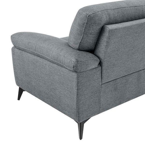 Grey fabric sofa corner with metal legs and cushioned armrest