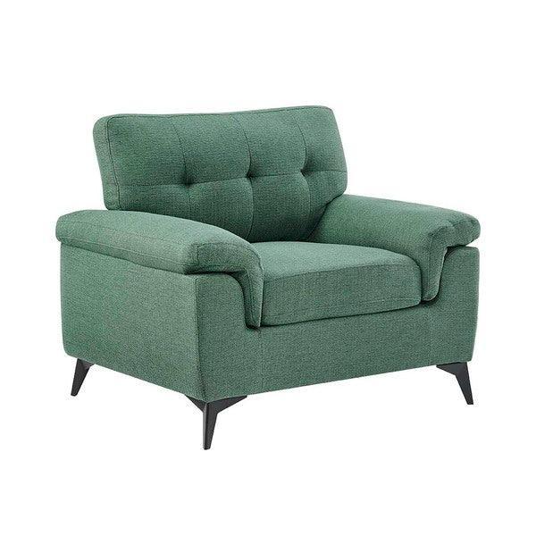 Green fabric armchair with tufted backrest and angled legs