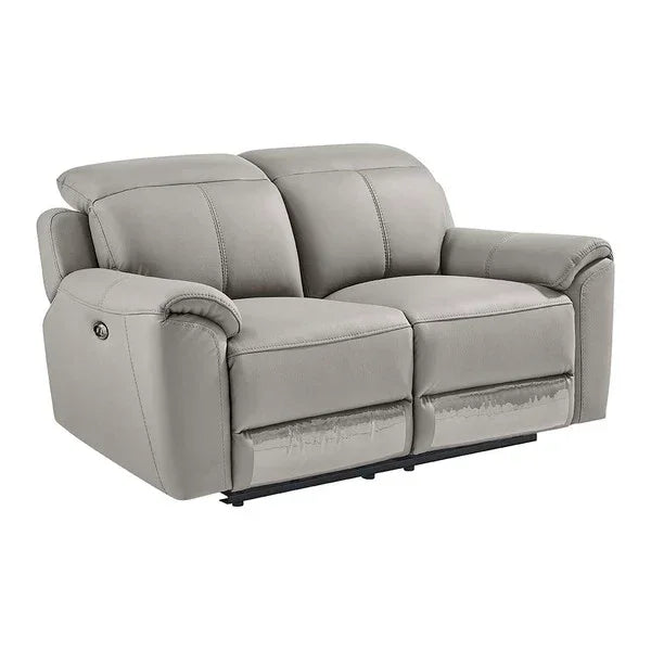 Grey leather recliner sofa with padded armrests and dual seating, front angle view