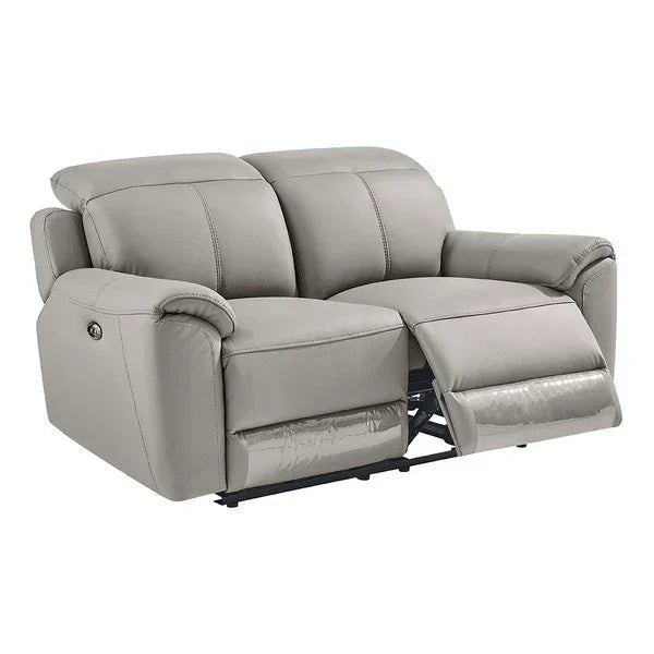 Light grey recliner sofa with padded armrests and extended footrest, front angle view
