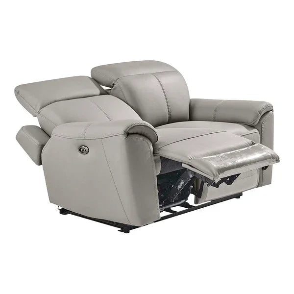 Light grey leather recliner armchair with extended footrest and padded armrests