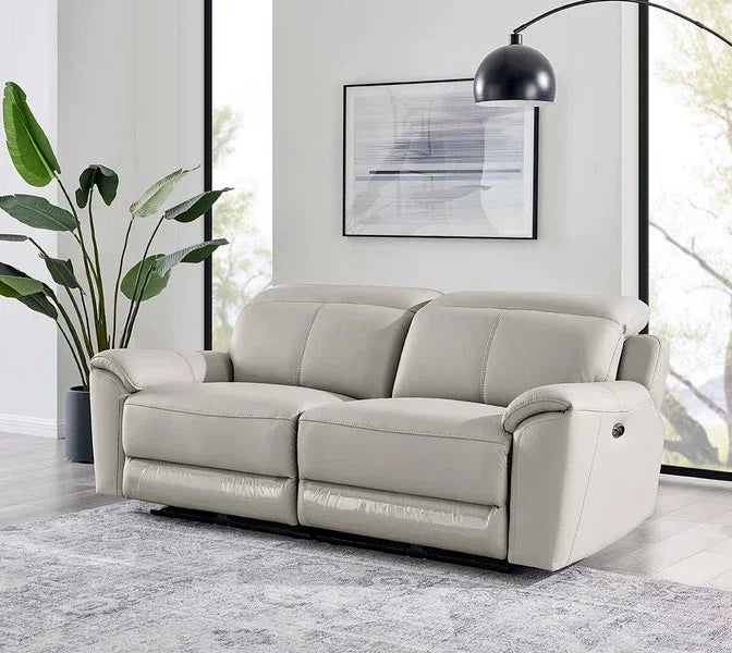 Light grey leather reclining sofa in modern living room with large windows and floor lamp