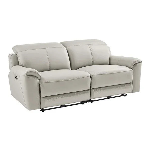 Light grey leather reclining sofa with padded armrests and stitched detail, front view