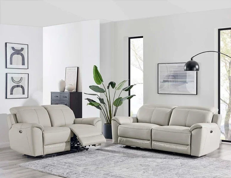 Light grey leather recliner sofa set with electric footrest in modern living room