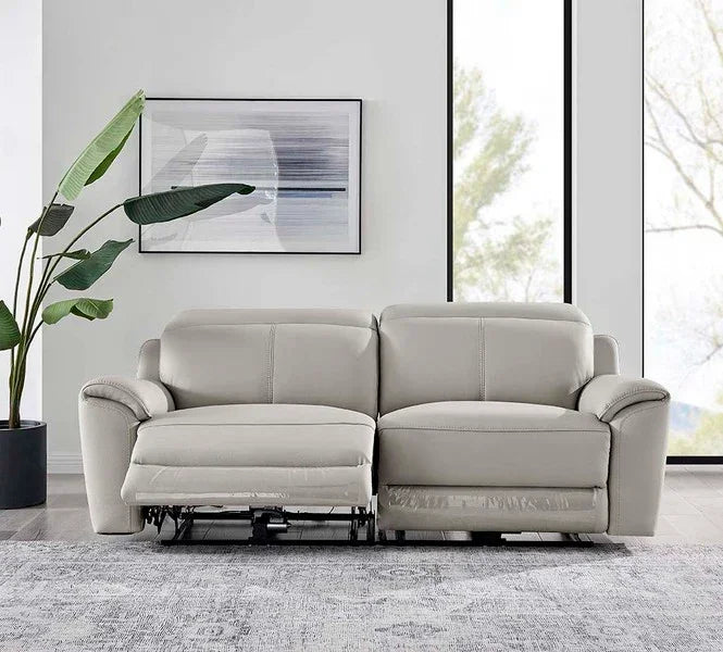 Light grey leather recliner sofa in modern living room with large windows and potted plant