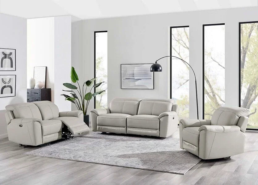Light grey leather sofa set with recliner and armchair in modern living room