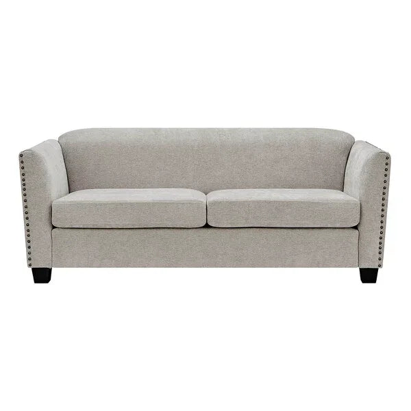 Grey fabric three-seater sofa with stud-trimmed arms, front view