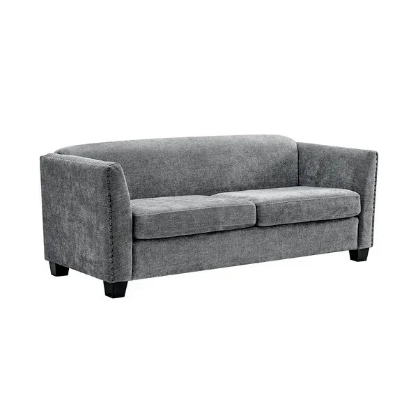 Grey fabric sofa with nailhead trim, two seat cushions and square arms on black legs