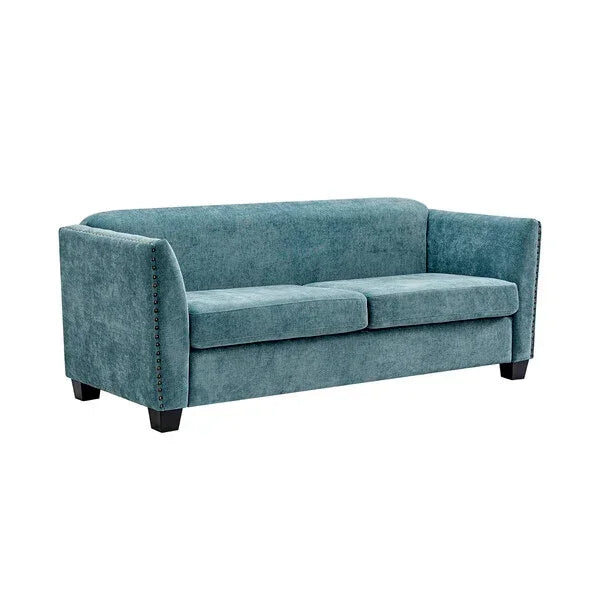 Teal fabric sofa with square arms and stud detail on black legs, front angle view