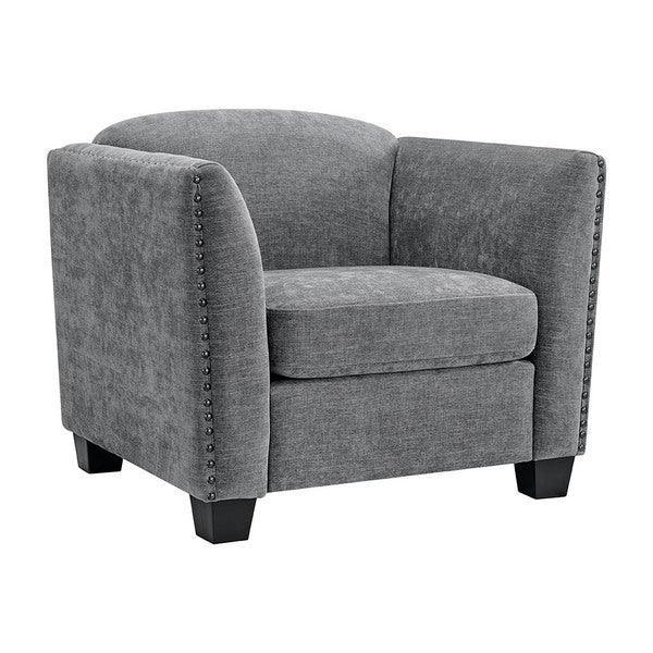 Grey fabric armchair with nailhead trim and square black legs, front angle view