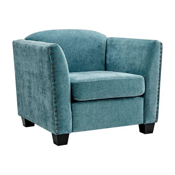 Teal fabric armchair with studded arms and black wooden legs, front angle view
