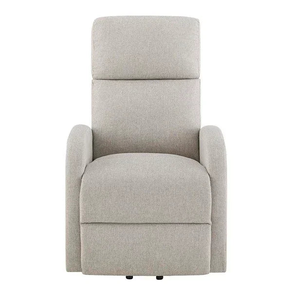 Light grey fabric recliner chair with padded seat and armrests, front view