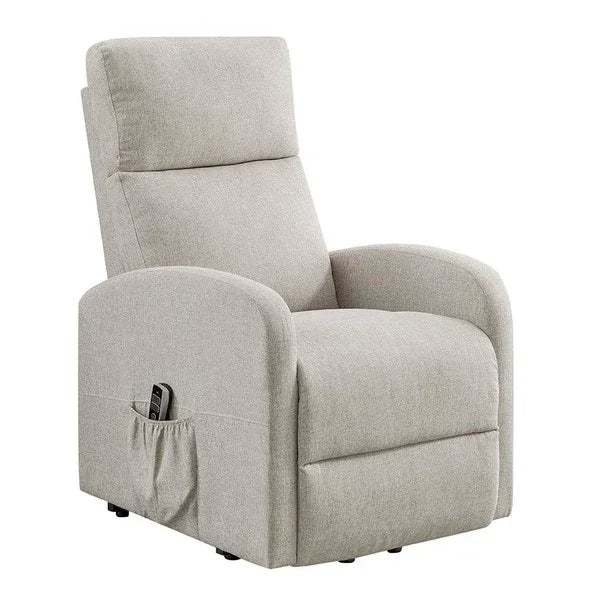 Light grey fabric recliner chair with side pocket and remote control