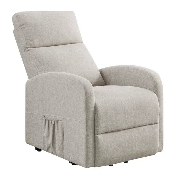 Light grey fabric recliner chair with curved arms and side pocket