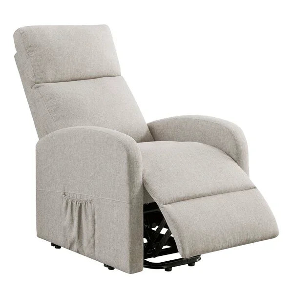 Light grey fabric recliner chair with pocket on side and footrest extended
