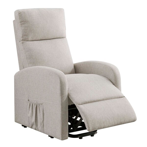 Light grey fabric recliner chair with side pocket and footrest extended