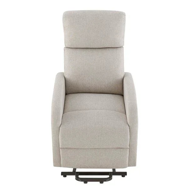 Beige fabric recliner chair with high backrest and cushioned seat, front view
