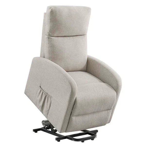 Beige fabric riser recliner chair with high back and side pocket on metal lift base