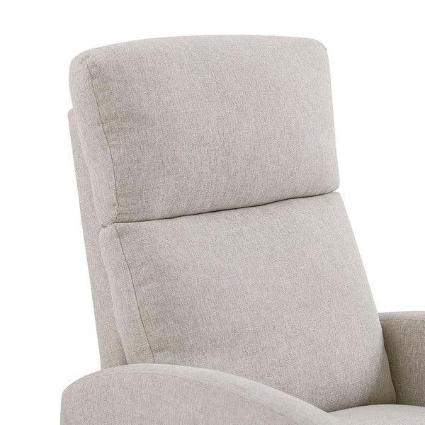 Light grey fabric armchair with cushioned backrest and curved arm detail, close up