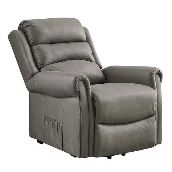 Grey fabric recliner armchair with padded backrest and footrest, left side view