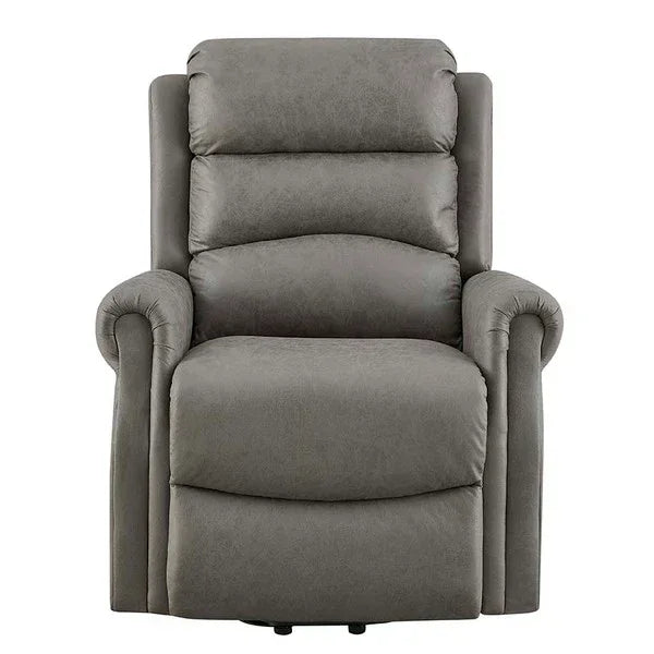 Grey fabric recliner chair with padded backrest and armrests front view