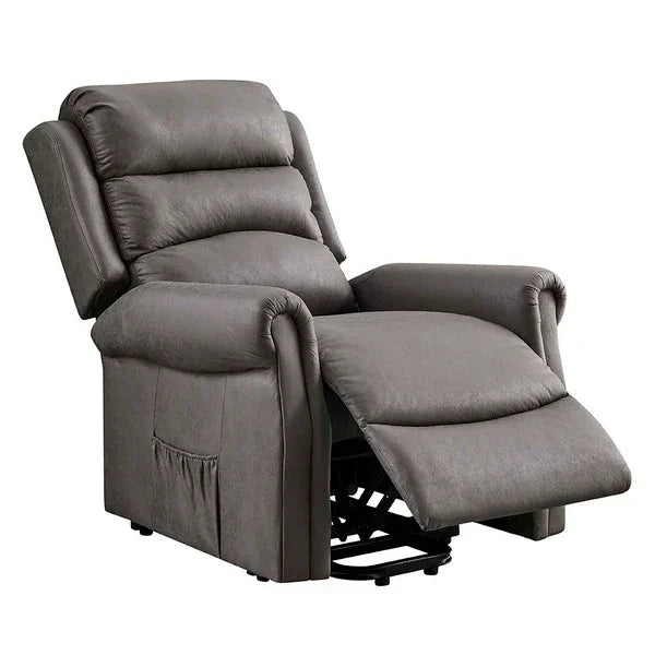 Grey fabric recliner chair with extended footrest and side pocket, angled front view