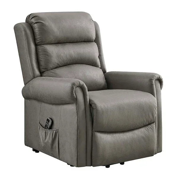 Grey recliner chair with padded backrest, armrests, and side pocket for remote control